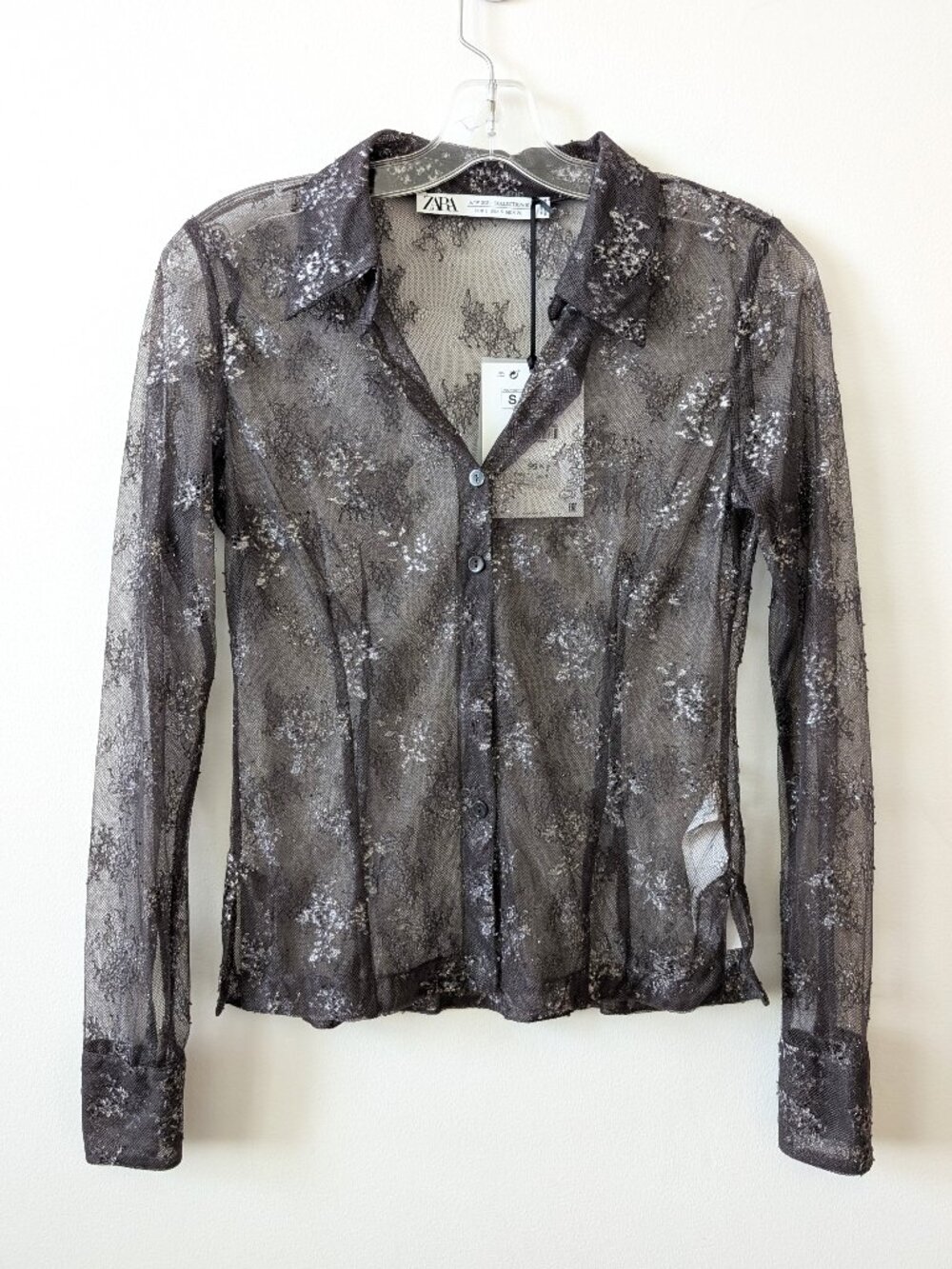 NWT ZARA Sheer Metallic Lace Button Up Shirt | Small